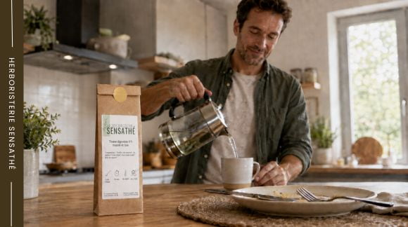 Infusion digestive préparée après un repas pour favoriser une digestion légère et confortable - Herboristerie Sensathé